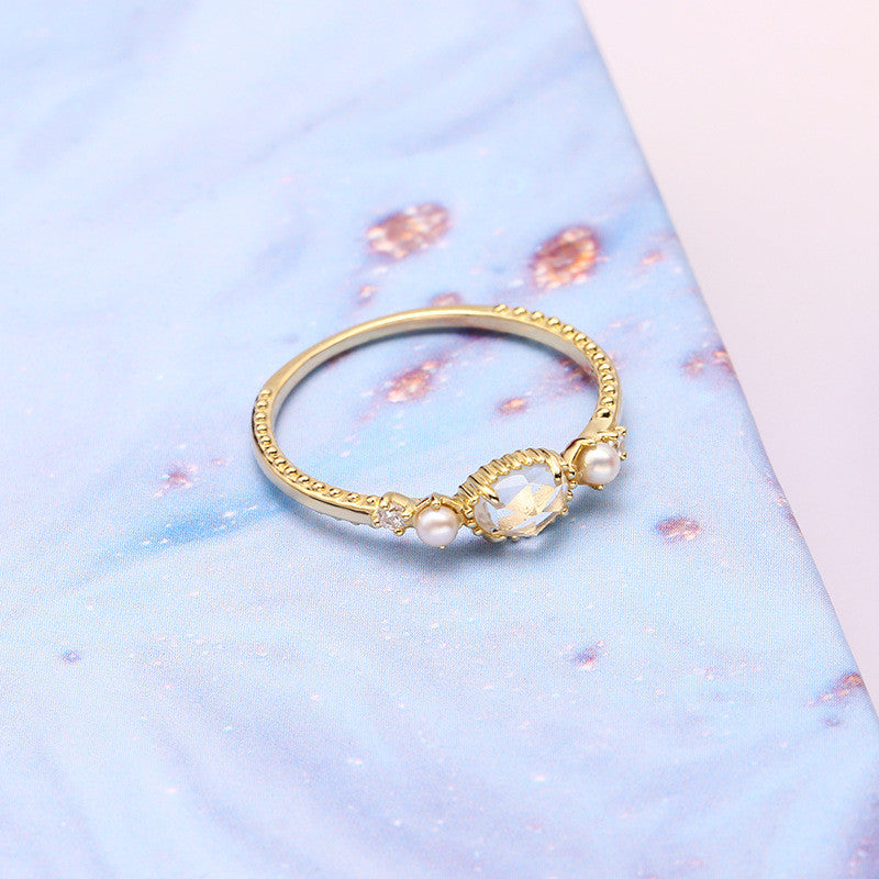 Light Luxury 9K Gold Natural White Crystal Pearl Ring