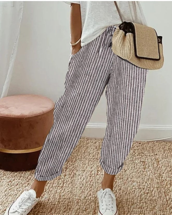 Summer Stripes Casual Pants Loose Elastic Waist