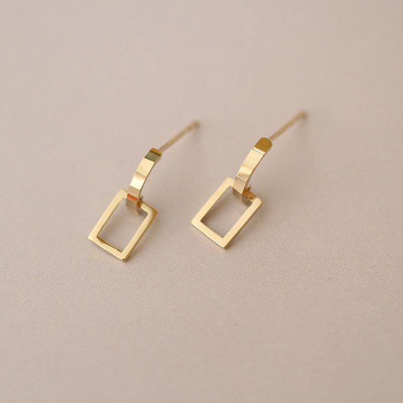 Semicircle Rectangular Frame Pure 9k Gold Stud Earrings