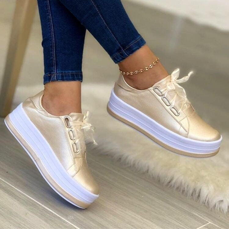 Shoes - Flats Sneakers Women Ribbon Lace-up Platform
