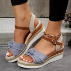 Thick-soled Bow Sandals Summer Casual Linen Buckle