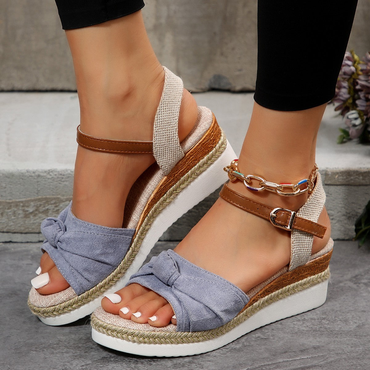 Thick-soled Bow Sandals Summer Casual Linen Buckle