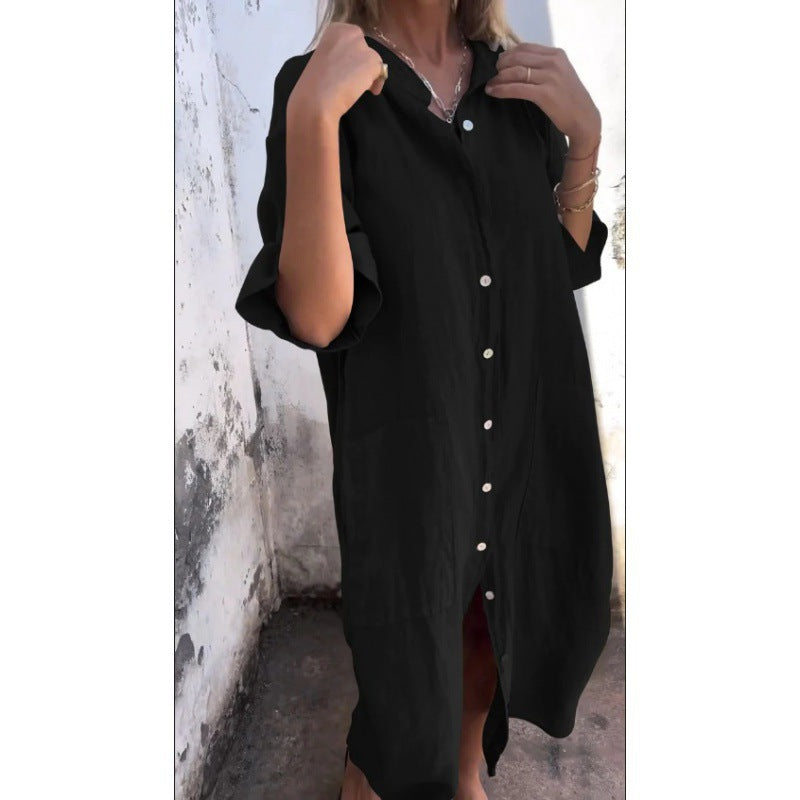 Loose Casual Half Sleeve Cotton Linen Shirt Dress