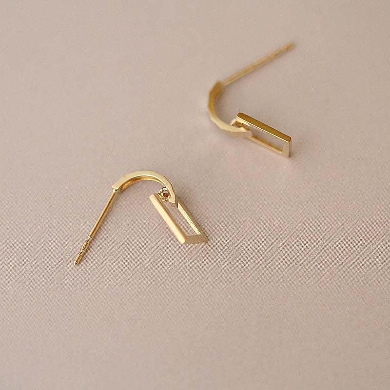 Semicircle Rectangular Frame Pure 9k Gold Stud Earrings