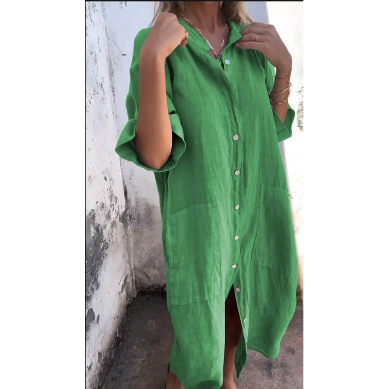 Loose Casual Half Sleeve Cotton Linen Shirt Dress