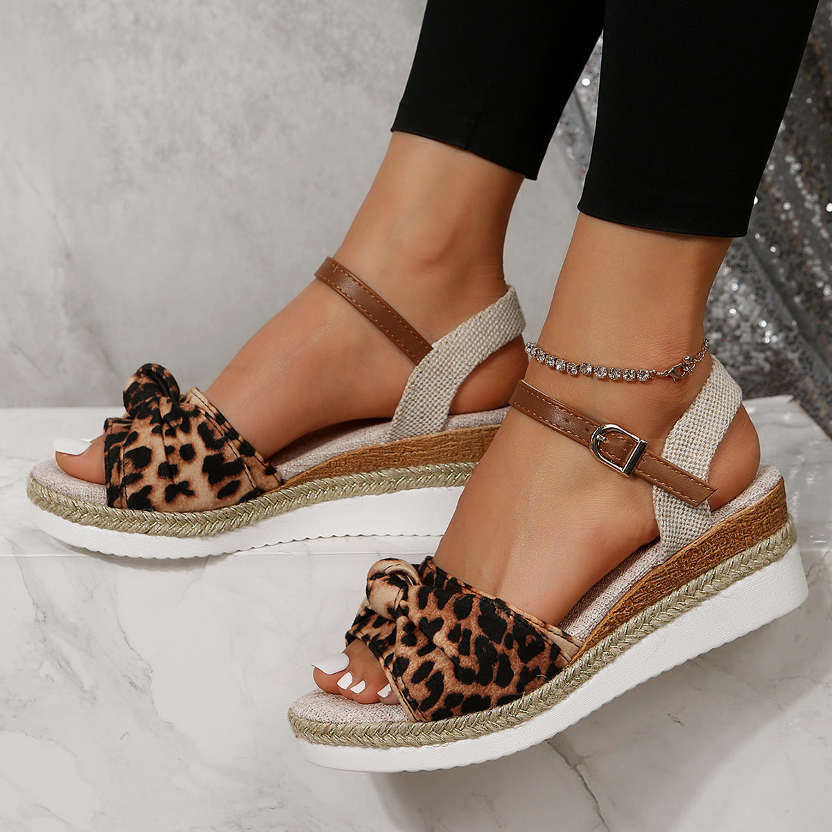 Thick-soled Bow Sandals Summer Casual Linen Buckle