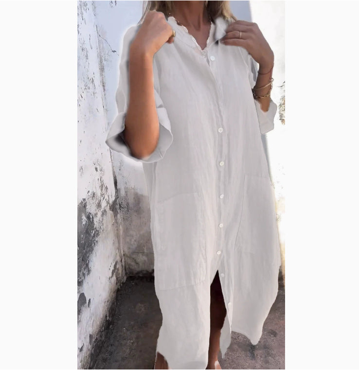 Loose Casual Half Sleeve Cotton Linen Shirt Dress