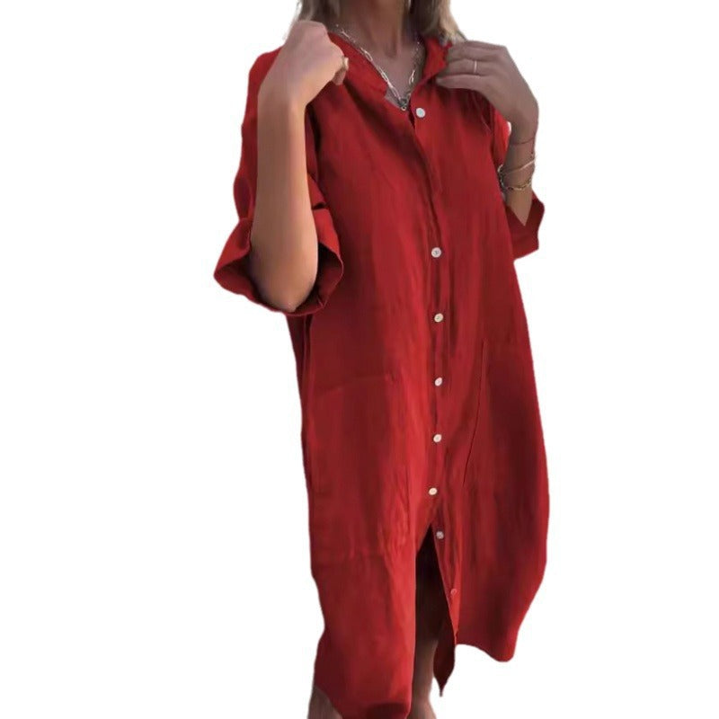 Loose Casual Half Sleeve Cotton Linen Shirt Dress