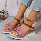 Thick-soled Bow Sandals Summer Casual Linen Buckle