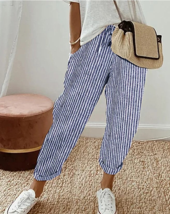 Summer Stripes Casual Pants Loose Elastic Waist