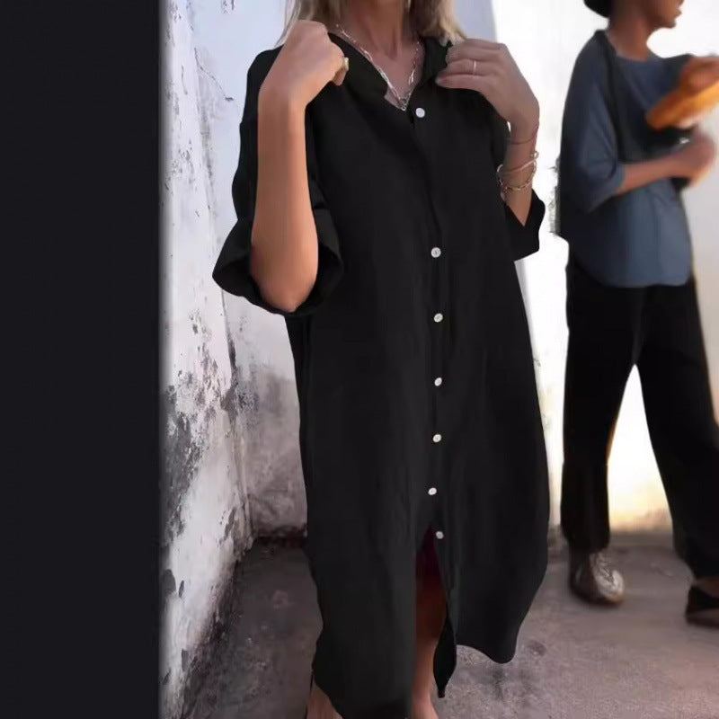 Loose Casual Half Sleeve Cotton Linen Shirt Dress